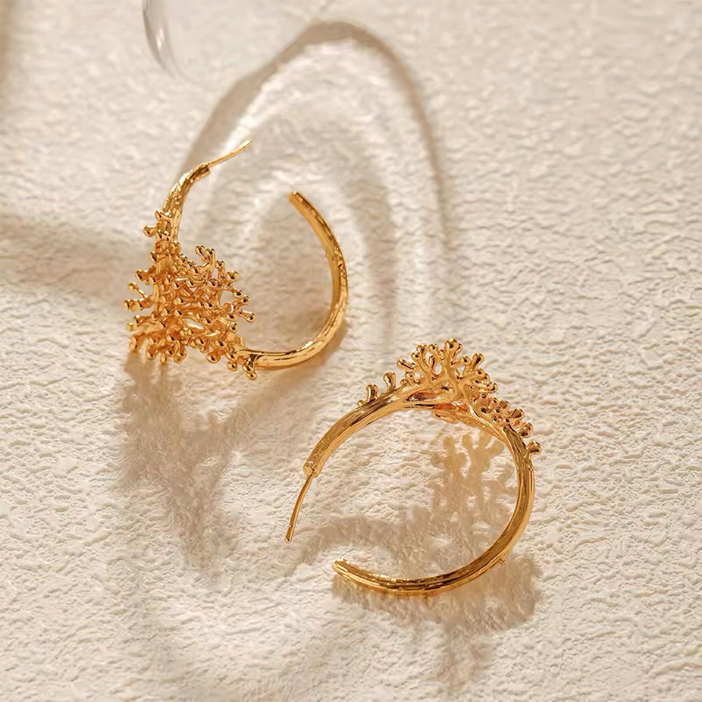 Coral Reef Hoop Earrings in 18K gold plating with ocean-inspired coral design – lightweight statement hoops by Mia Promise 00082