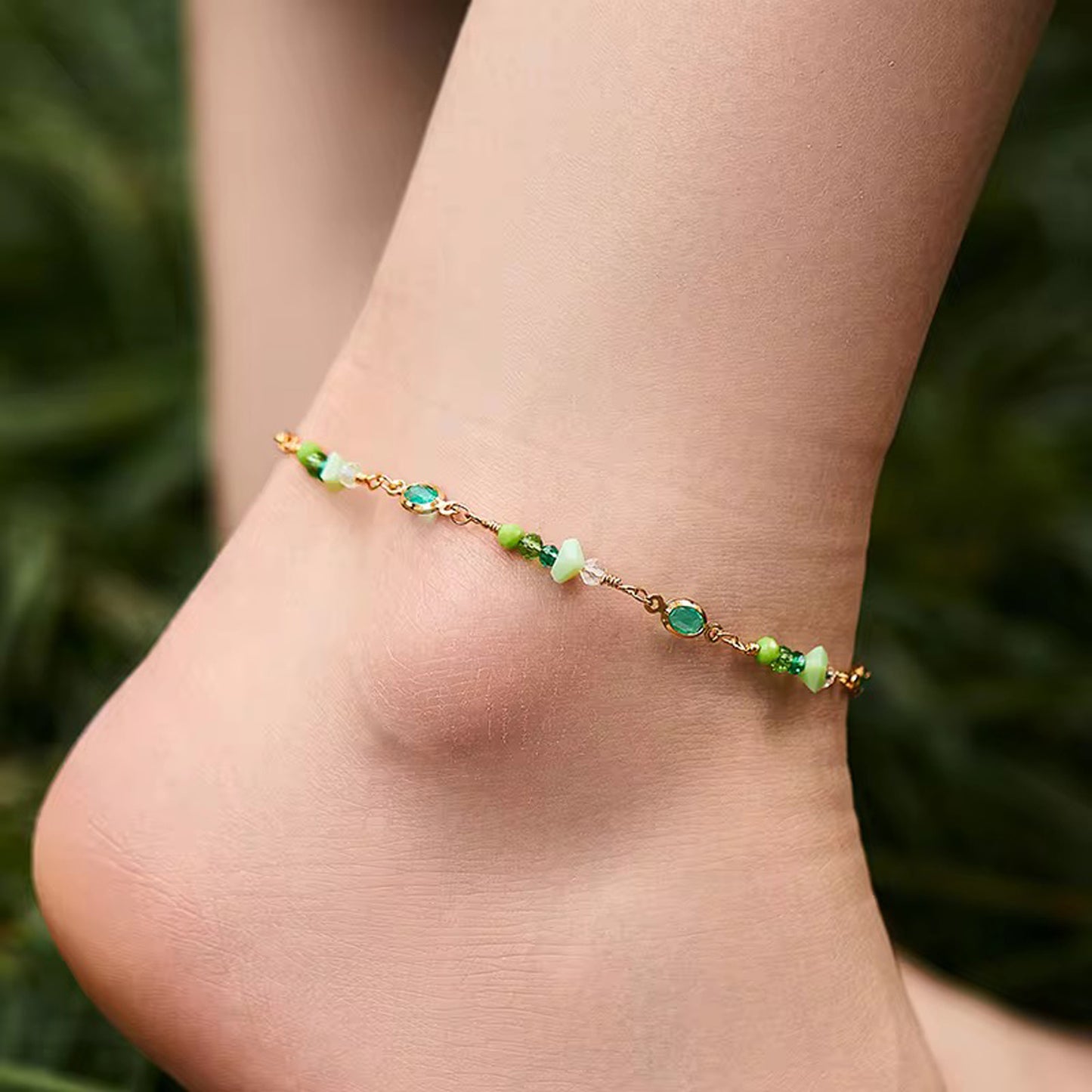 18K gold-plated anklet with emerald-cut green gemstones and soft green beads, elegant summer jewelry 00031