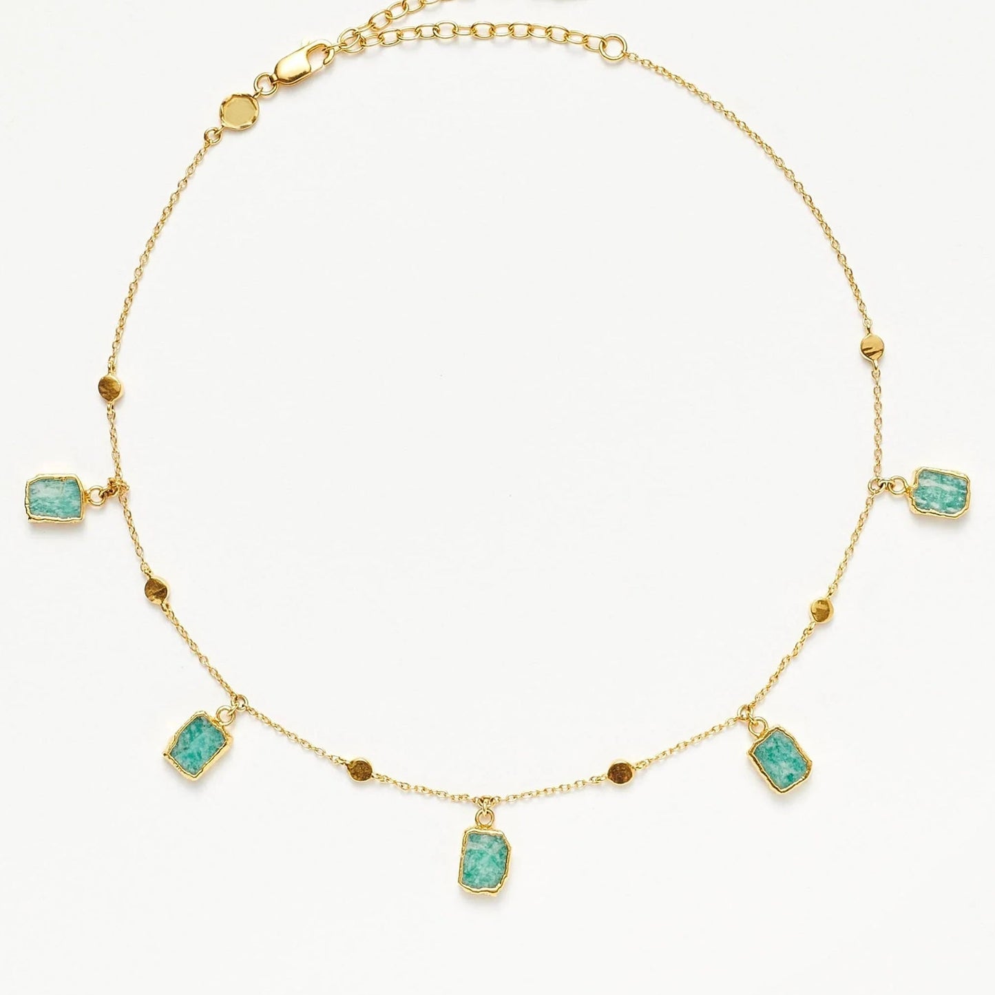 Isla Drops Necklace with turquoise-blue pendants and gold dotted chain, inspired by island light and coastal rhythm — designed by MiaPromise.