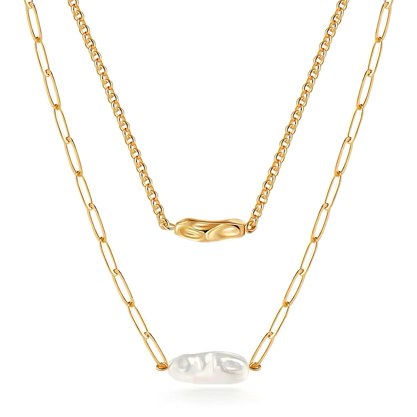 Layered gold necklace with freshwater pearl and dual chain design 00012