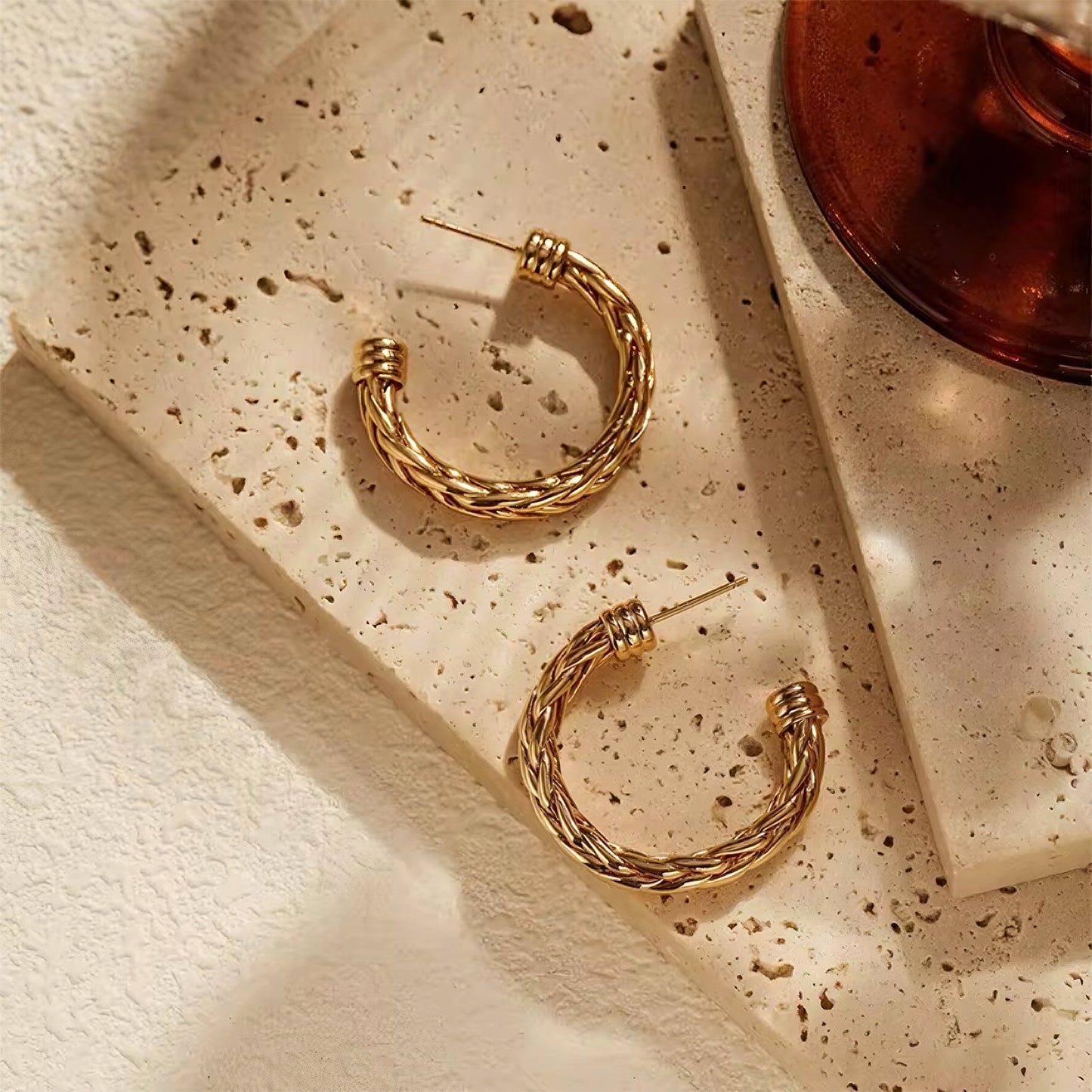 Chunky twisted gold rope hoop earrings with vintage-style braided texture 00055