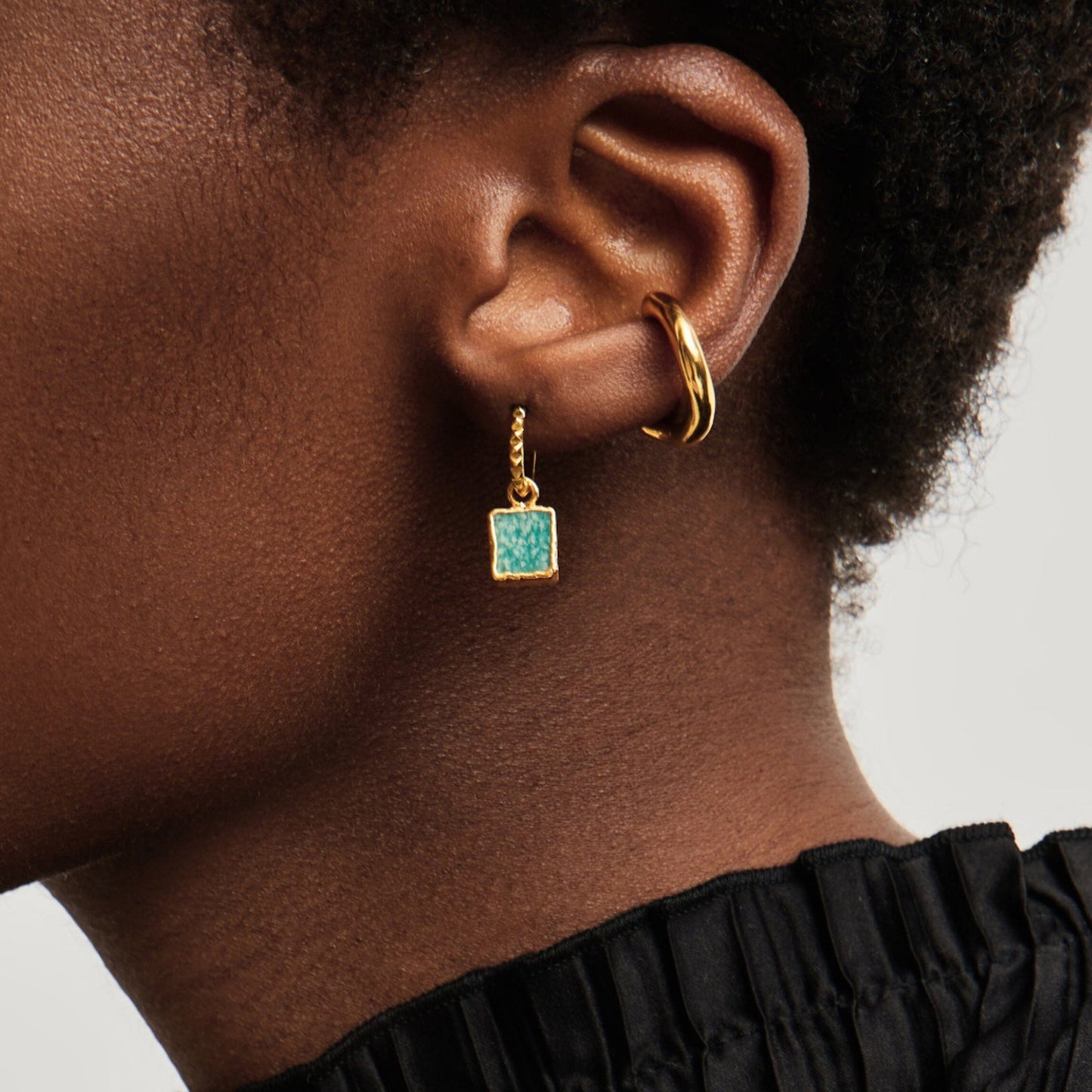 Gold hoop earrings with rectangular green gemstone drops – nature-inspired jewelry by MiaPromise.