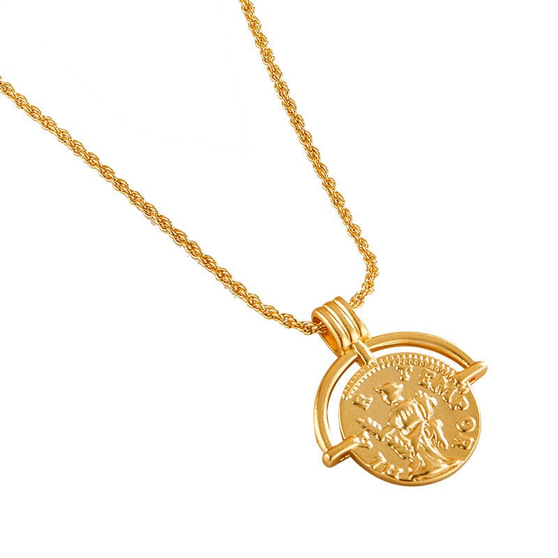 Necklace with a gold coin pendant and medallion pattern, layered around the neck - Aurelia Medallion necklace by MiaPromise.