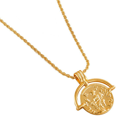 Necklace with a gold coin pendant and medallion pattern, layered around the neck - Aurelia Medallion necklace by MiaPromise.