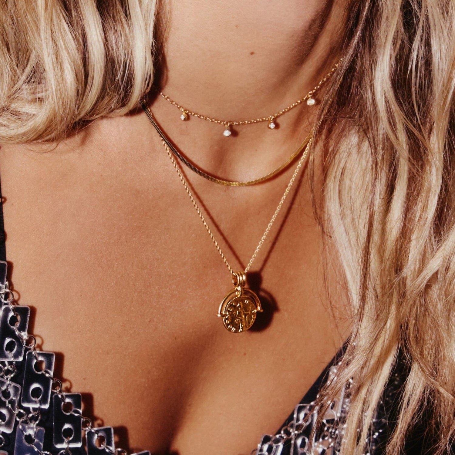 Necklace with a gold coin pendant and medallion pattern, layered around the neck - Aurelia Medallion necklace by MiaPromise.