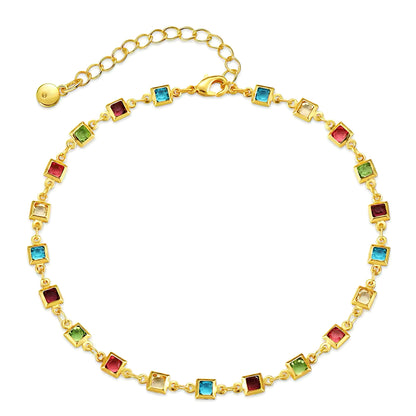 18K gold-plated anklet with vibrant multi-colored crystals, lightweight and adjustable for summer style 00027