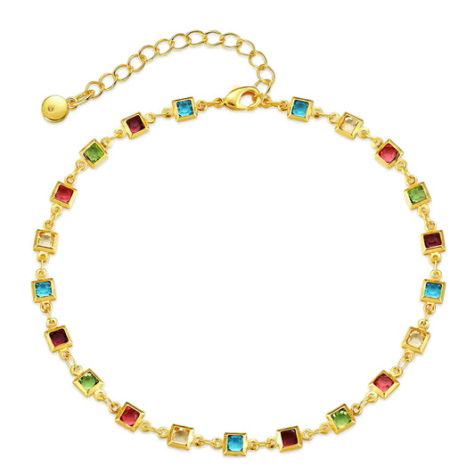 18K gold-plated anklet with vibrant multi-colored crystals, lightweight and adjustable for summer style 00027