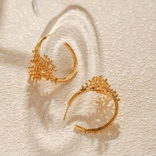 Coral Reef Hoop Earrings in 18K gold plating with ocean-inspired coral design – lightweight statement hoops by Mia Promise 00082
