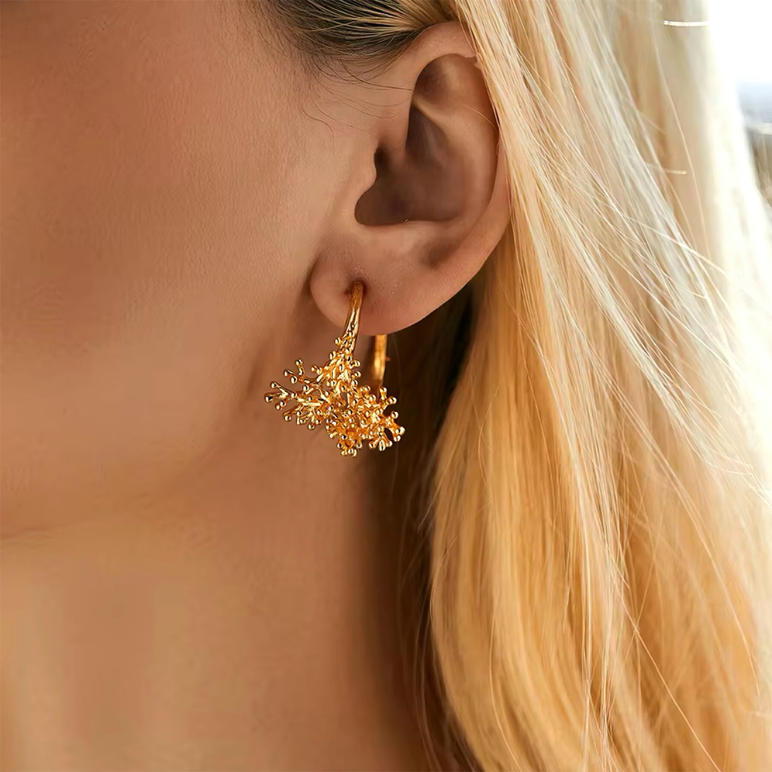 Coral Reef Hoop Earrings in 18K gold plating with ocean-inspired coral design – lightweight statement hoops by Mia Promise 00083