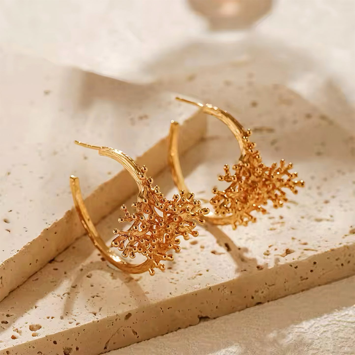 Coral Reef Hoop Earrings in 18K gold plating with ocean-inspired coral design – lightweight statement hoops by Mia Promise 00084