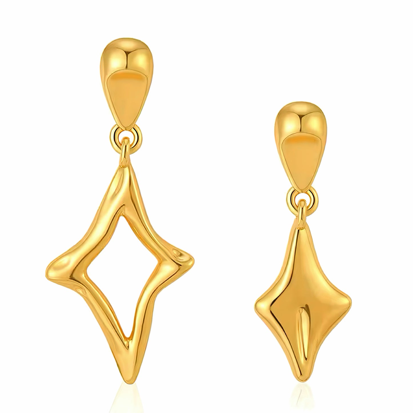 Cosmic Charm Earrings featuring 18K gold-plated geometric drop design with abstract star shapes 00007