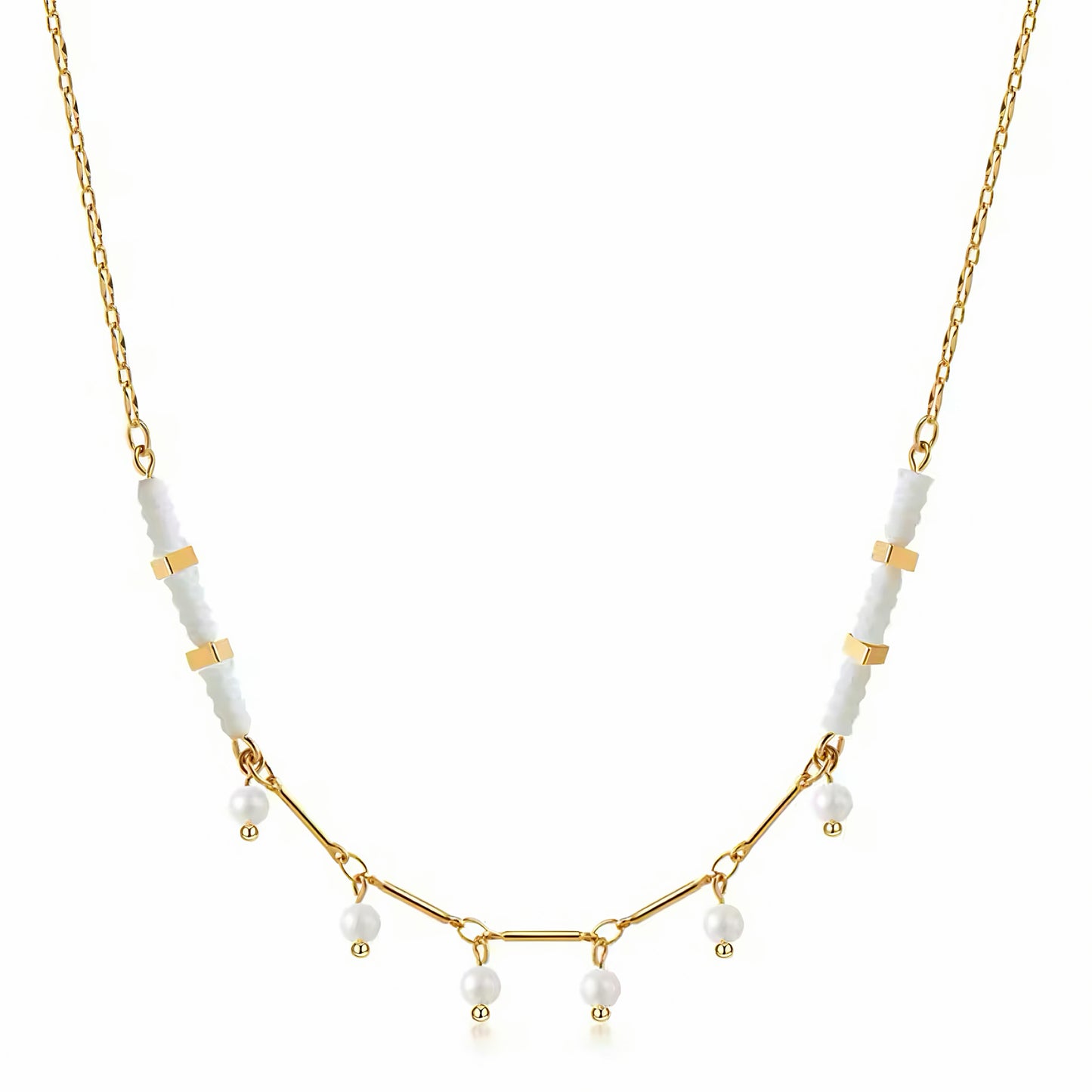 Elysian pearl necklace with 14K gold plating, white and coral beads, and dangling natural pearls 00004