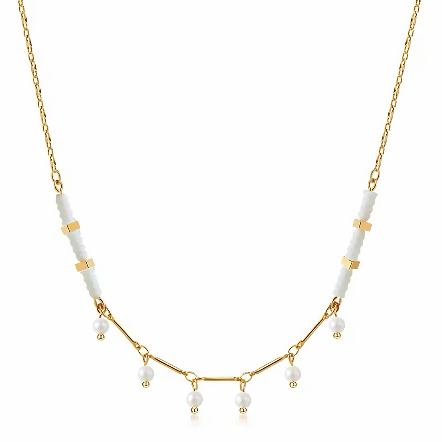 Elysian pearl necklace with 14K gold plating, white and coral beads, and dangling natural pearls 00004