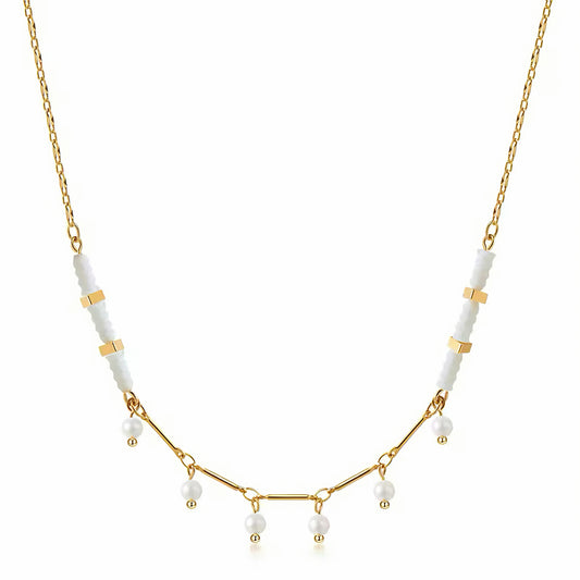 Elysian pearl necklace with 14K gold plating, white and coral beads, and dangling natural pearls 00004