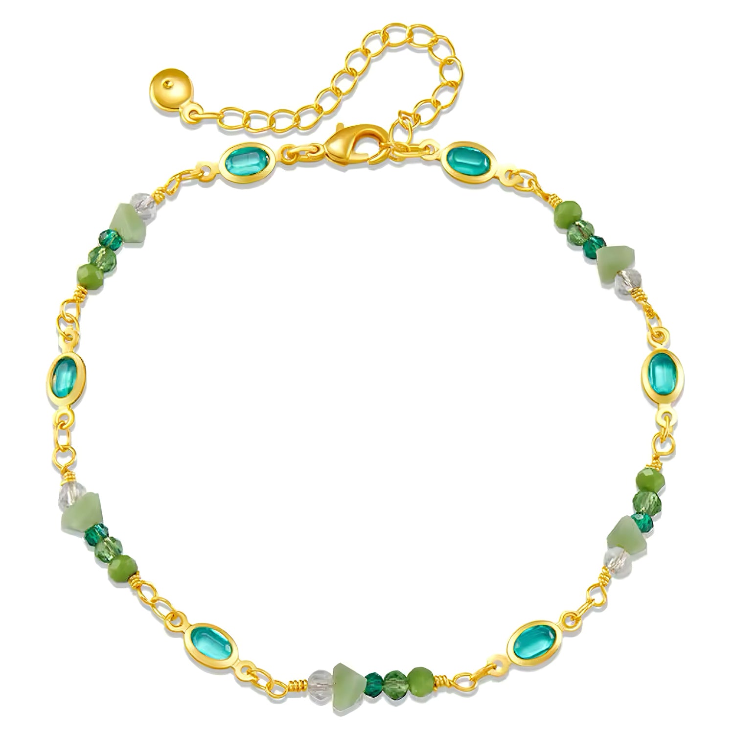 18K gold-plated anklet with emerald-cut green gemstones and soft green beads, elegant summer jewelry 00030
