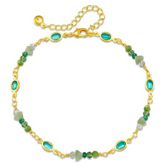 18K gold-plated anklet with emerald-cut green gemstones and soft green beads, elegant summer jewelry 00030