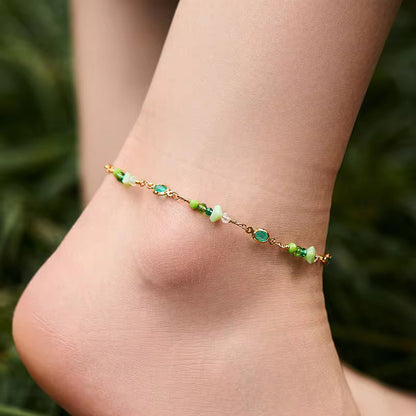 18K gold-plated anklet with emerald-cut green gemstones and soft green beads, elegant summer jewelry 00031