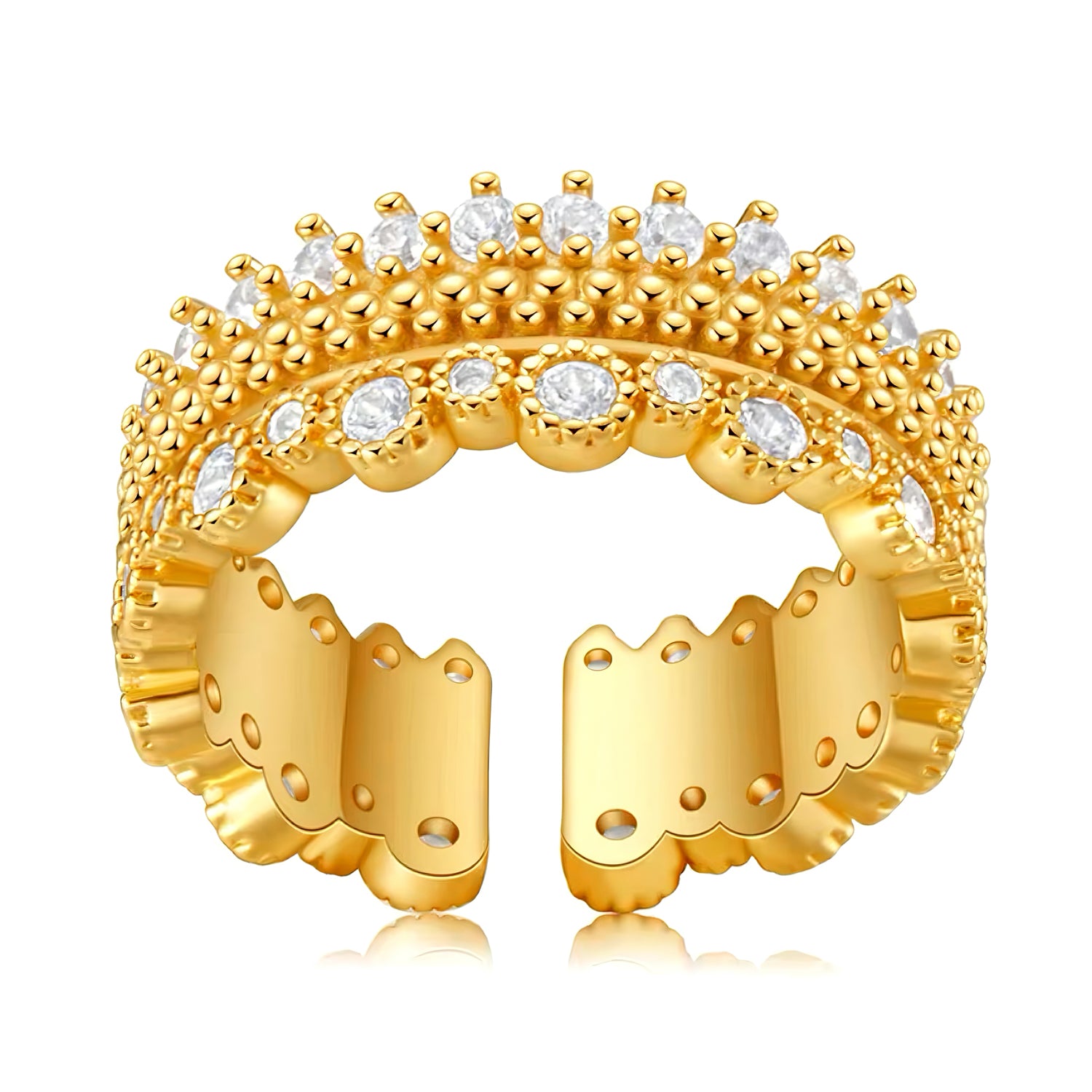 Adjustable open gold ring with beaded textures and handset crystals, vintage-inspired and stackable 00036