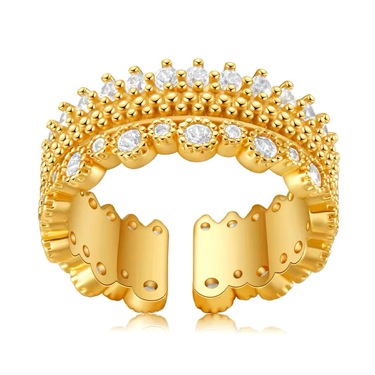 Adjustable open gold ring with beaded textures and handset crystals, vintage-inspired and stackable 00036