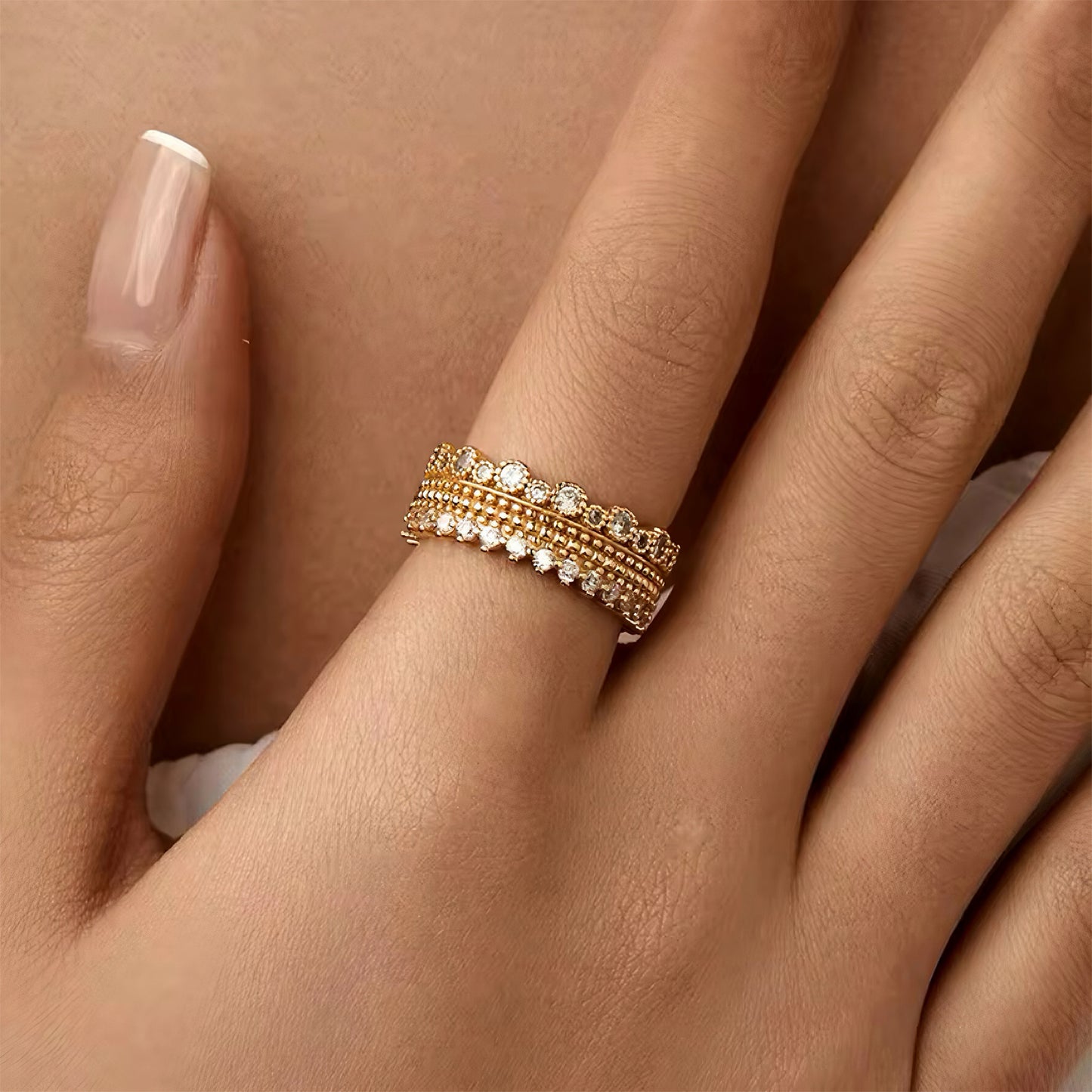 Adjustable open gold ring with beaded textures and handset crystals, vintage-inspired and stackable 00037