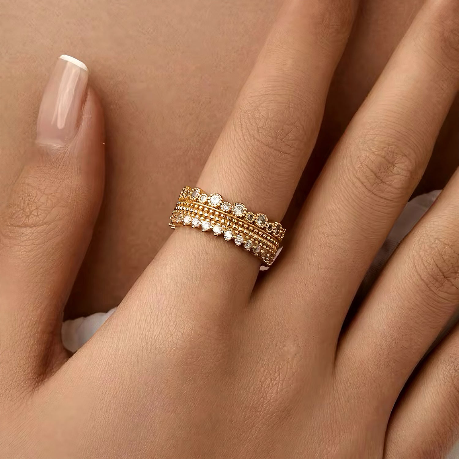 Adjustable open gold ring with beaded textures and handset crystals, vintage-inspired and stackable 00037