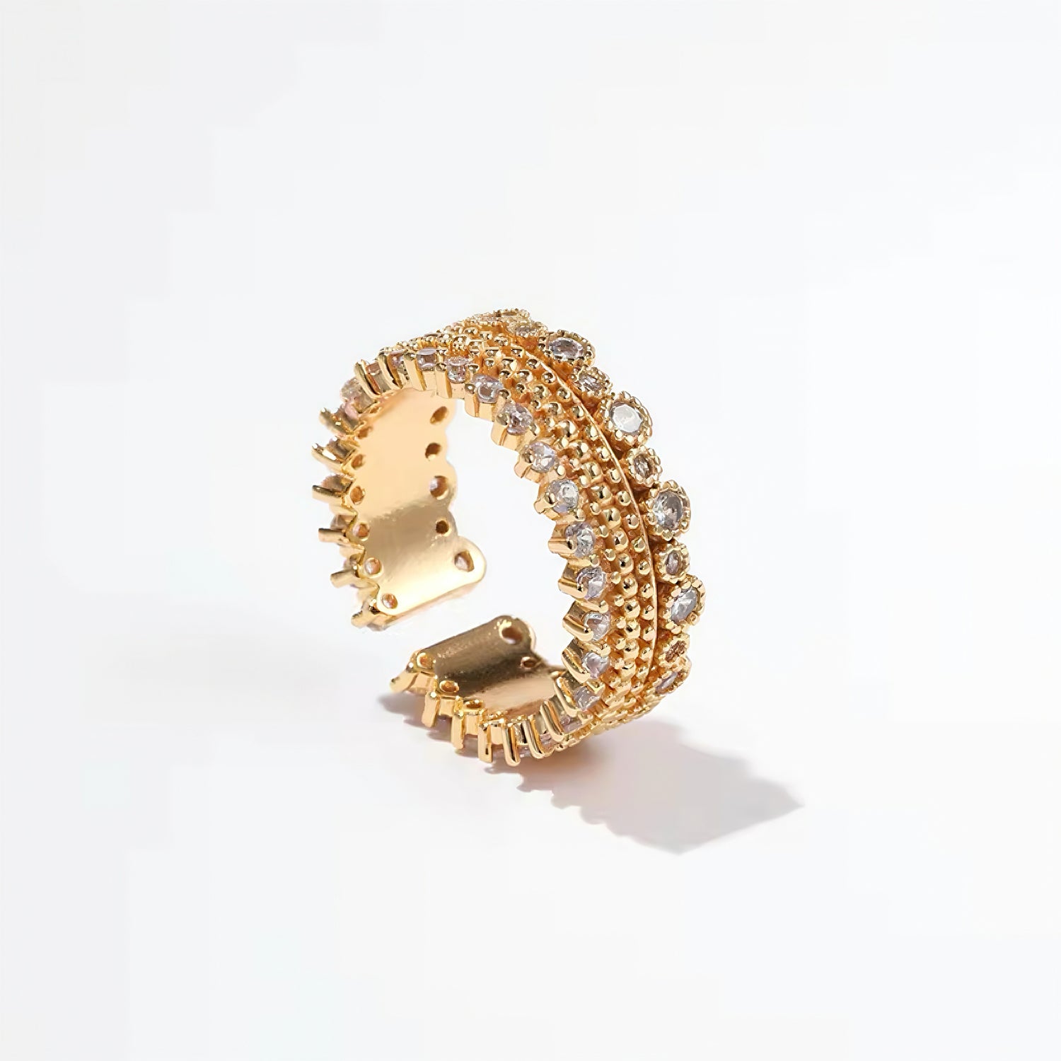 Adjustable open gold ring with beaded textures and handset crystals, vintage-inspired and stackable 00038