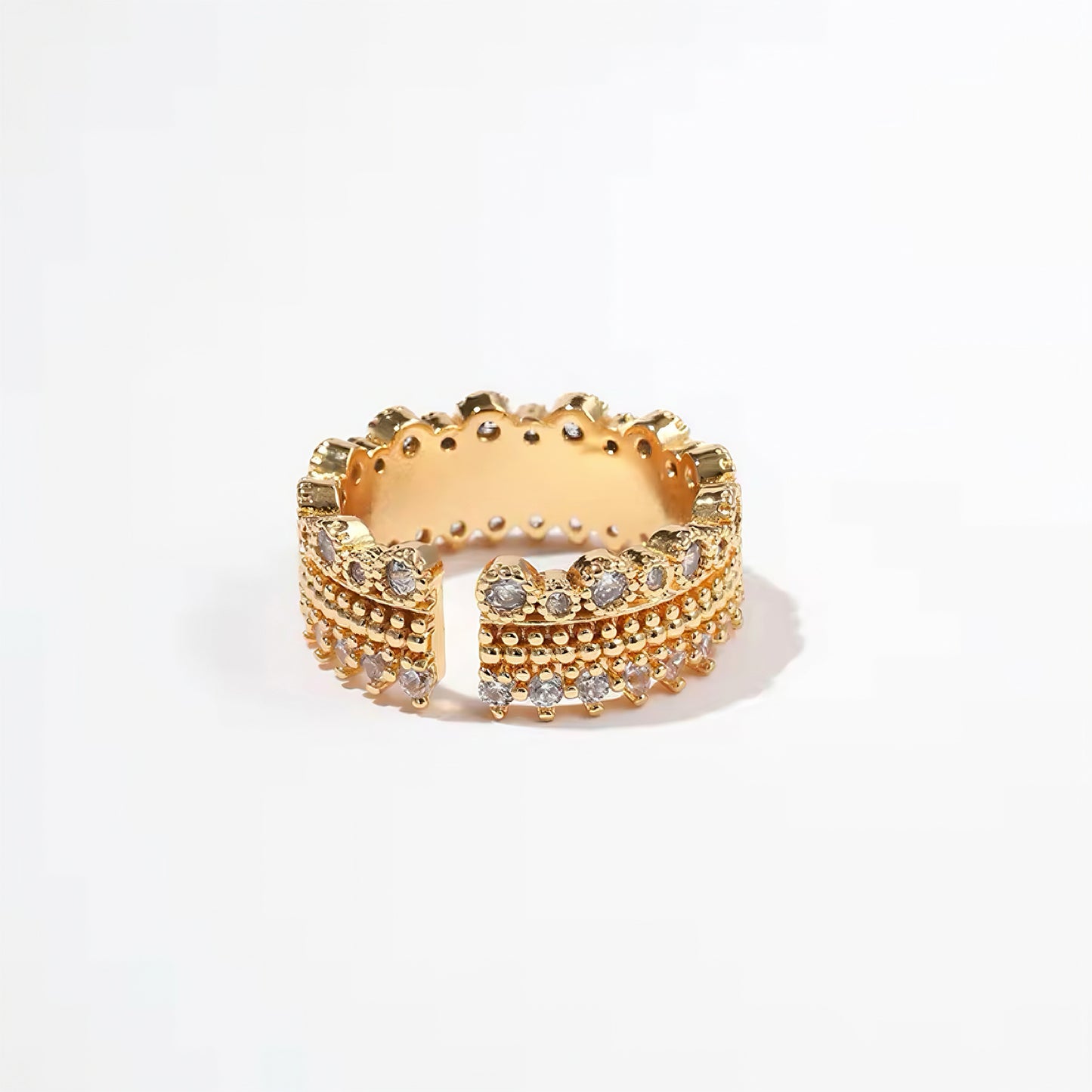 Adjustable open gold ring with beaded textures and handset crystals, vintage-inspired and stackable 00039