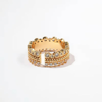 Adjustable open gold ring with beaded textures and handset crystals, vintage-inspired and stackable 00039