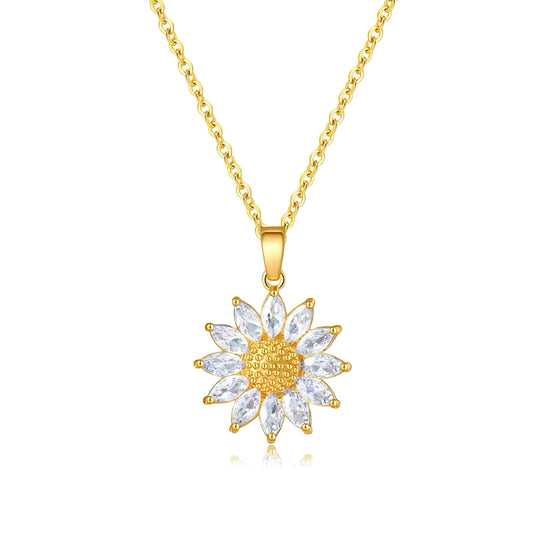 18K gold-plated daisy pendant necklace with sunflower design and sparkling crystal stones 00025