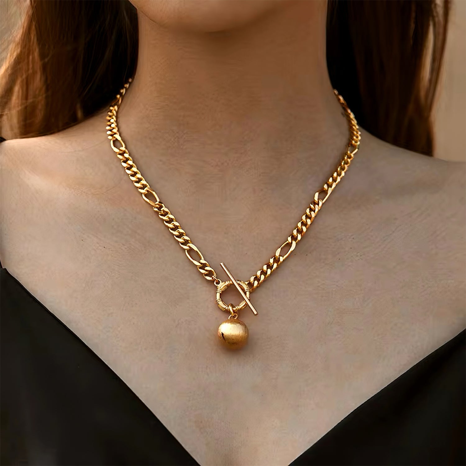 Golden Orb Toggle Chain Necklace with matte gold pendant and minimalist T-bar clasp – Mia Promise Jewelry 00062