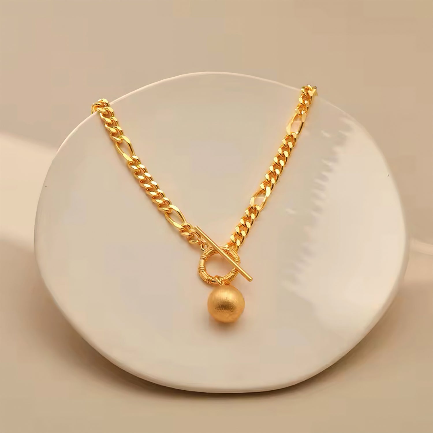 Golden Orb Toggle Chain Necklace with matte gold pendant and minimalist T-bar clasp – Mia Promise Jewelry 00063