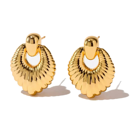 Golden Radiance Earrings with 18K gold plating and sculptural fan-shaped design with textured details 00009