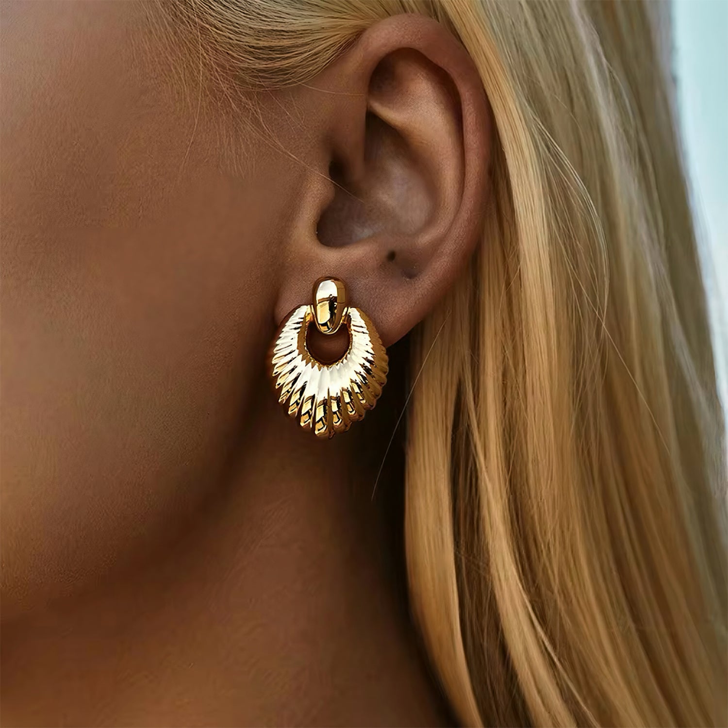 Golden Radiance Earrings with 18K gold plating and sculptural fan-shaped design with textured details 00010