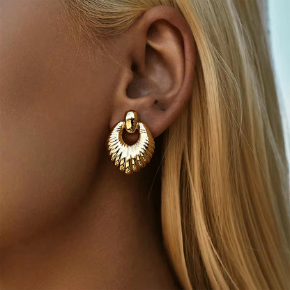Golden Radiance Earrings with 18K gold plating and sculptural fan-shaped design with textured details 00010