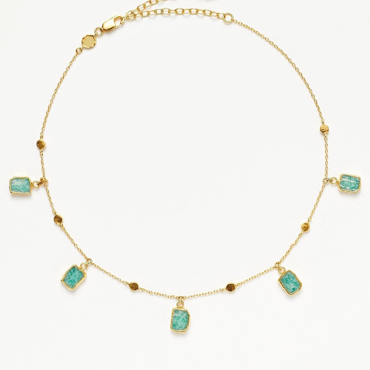 Isla Drops Necklace with turquoise-blue pendants and gold dotted chain, inspired by island light and coastal rhythm — designed by MiaPromise.