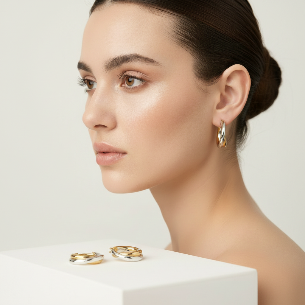 Two-tone gold and silver Luna Twist Hoops styled in ear, showcasing sculptural minimal design miapromise 00100