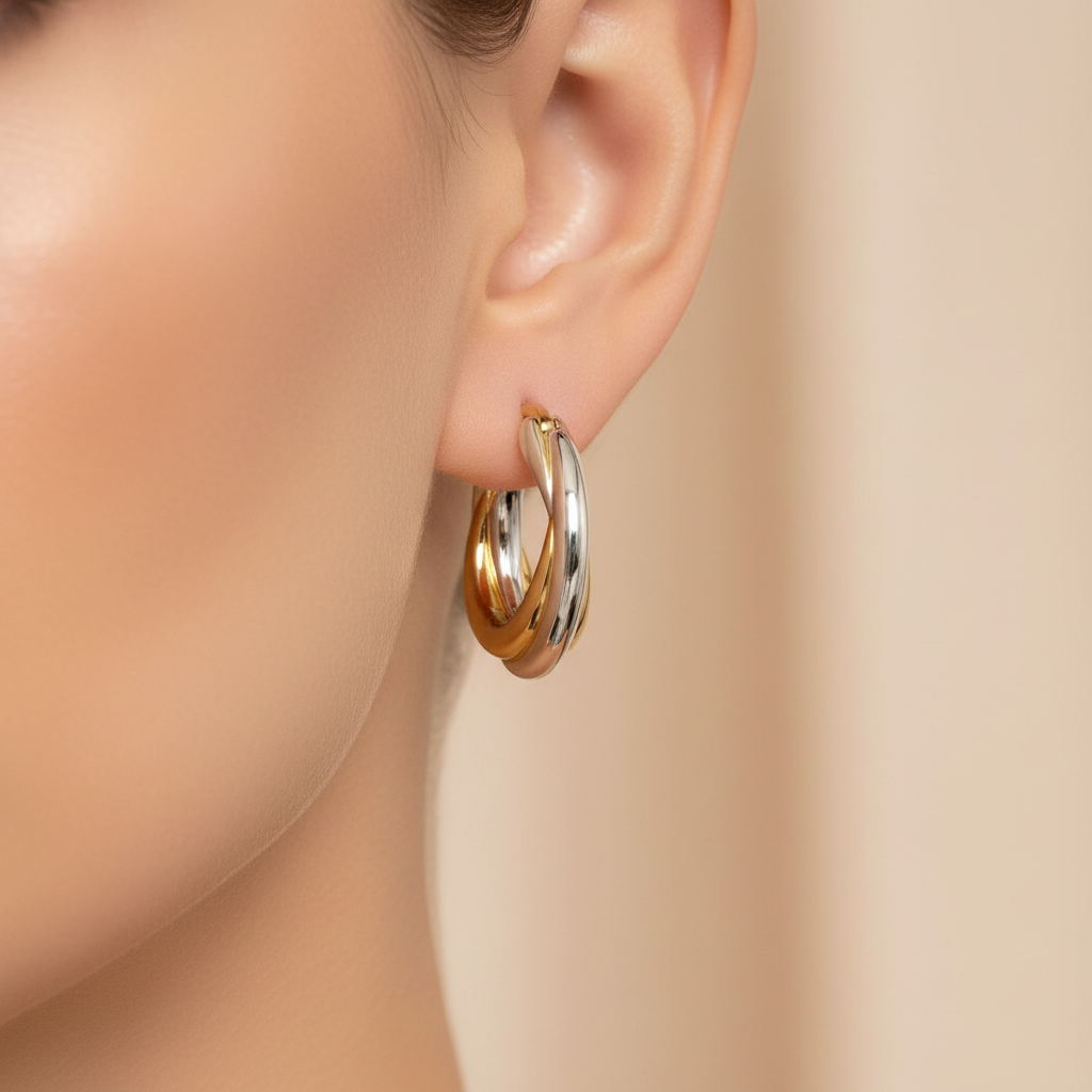 Two-tone gold and silver Luna Twist Hoops styled in ear, showcasing sculptural minimal design miapromise 00100