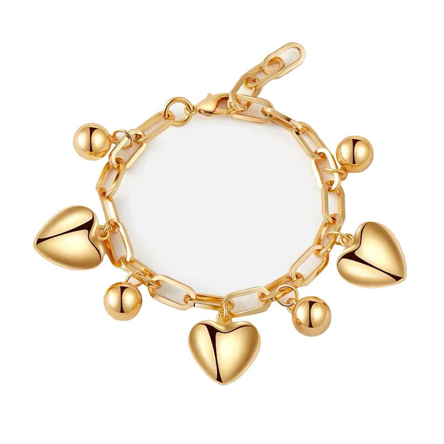 18K gold-plated bracelet with heart charm and polished ball pendant, adjustable for modern styling 00017