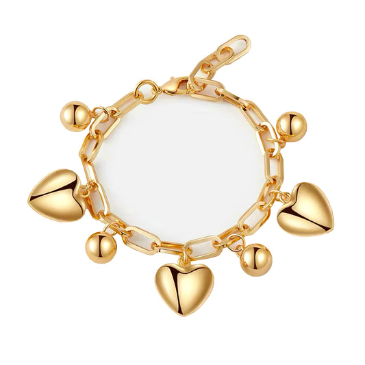 18K gold-plated bracelet with heart charm and polished ball pendant, adjustable for modern styling 00017
