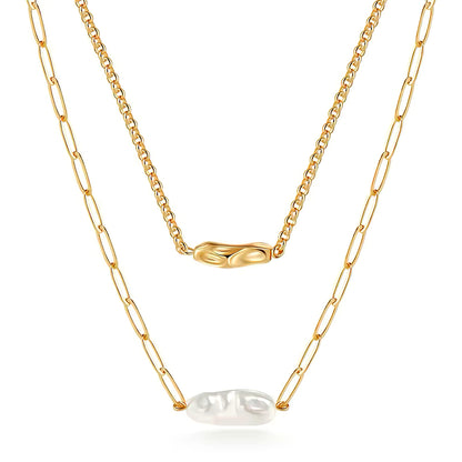 Layered gold necklace with freshwater pearl and dual chain design 00012
