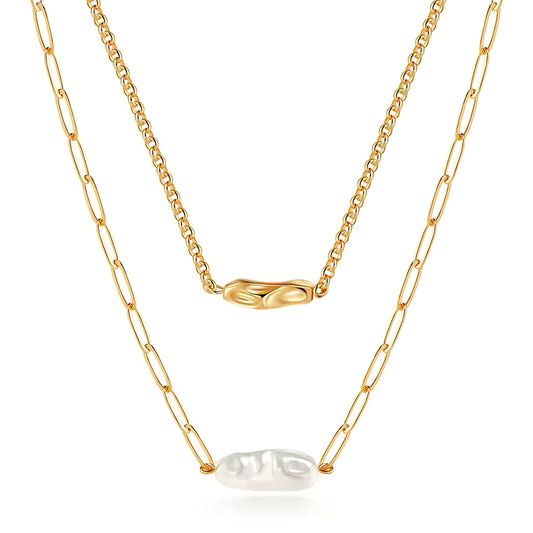 Layered gold necklace with freshwater pearl and dual chain design 00012