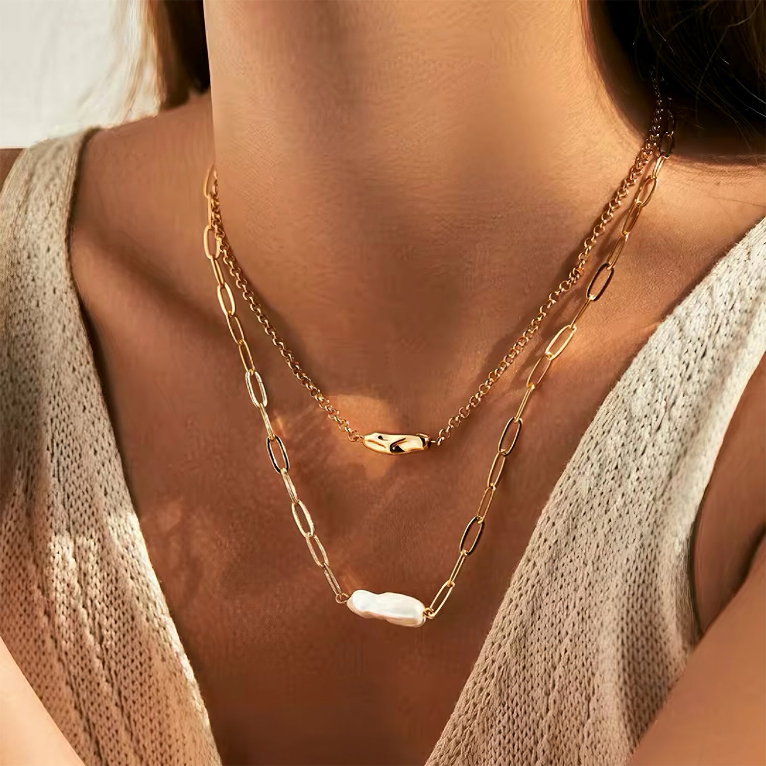 Layered gold necklace with freshwater pearl and dual chain design 00013