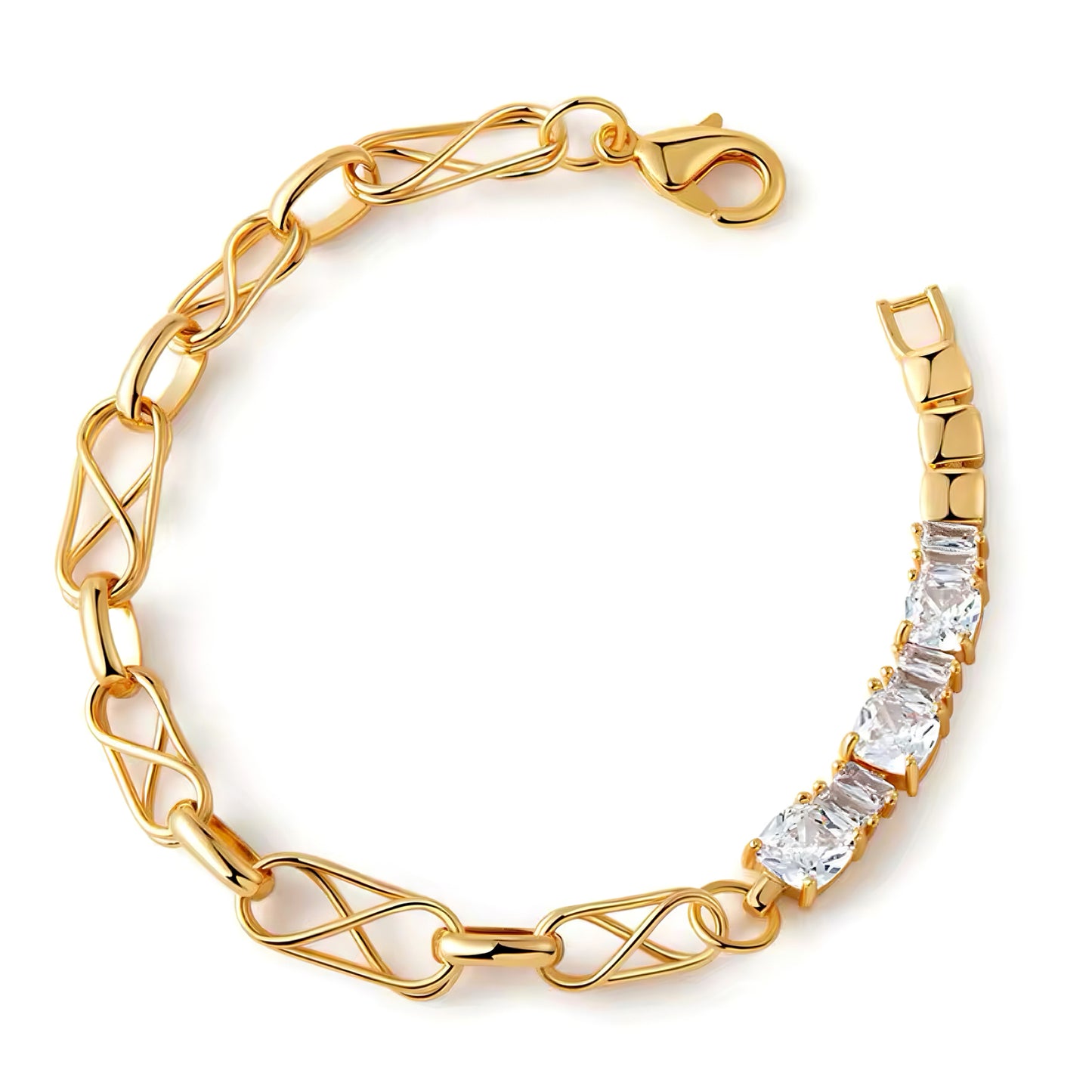 Gold link bracelet with infinity ring and five cubic zirconia stones, bold and elegant layered design 00023