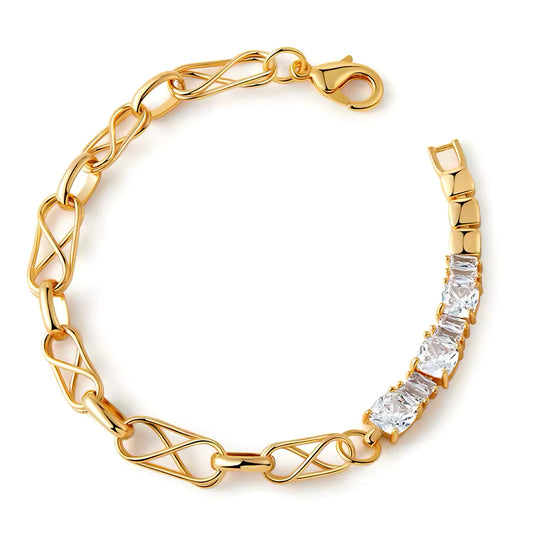 Gold link bracelet with infinity ring and five cubic zirconia stones, bold and elegant layered design 00023