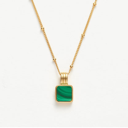 18k gold plated green pendant necklace by MiaPromise, featuring minimalist square malachite stone, elegant layering jewelry for women.18k gold plated green pendant necklace by MiaPromise, featuring minimalist square malachite stone, elegant layering jewelry for women.