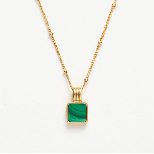 18k gold plated green pendant necklace by MiaPromise, featuring minimalist square malachite stone, elegant layering jewelry for women.18k gold plated green pendant necklace by MiaPromise, featuring minimalist square malachite stone, elegant layering jewelry for women.