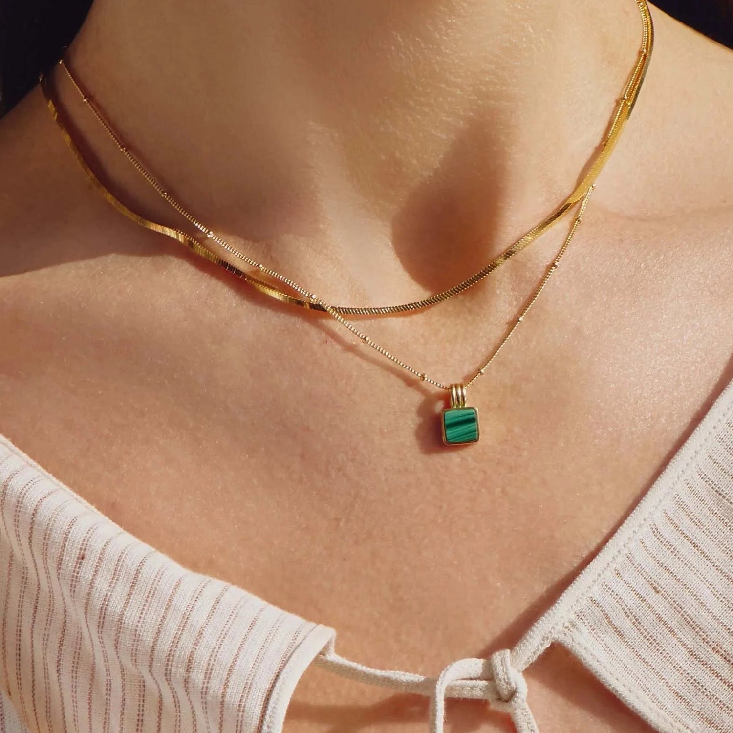 18k gold plated green pendant necklace by MiaPromise, featuring minimalist square malachite stone, elegant layering jewelry for women.18k gold plated green pendant necklace by MiaPromise, featuring minimalist square malachite stone, elegant layering jewelry for women.