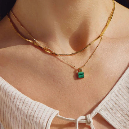 18k gold plated green pendant necklace by MiaPromise, featuring minimalist square malachite stone, elegant layering jewelry for women.18k gold plated green pendant necklace by MiaPromise, featuring minimalist square malachite stone, elegant layering jewelry for women.