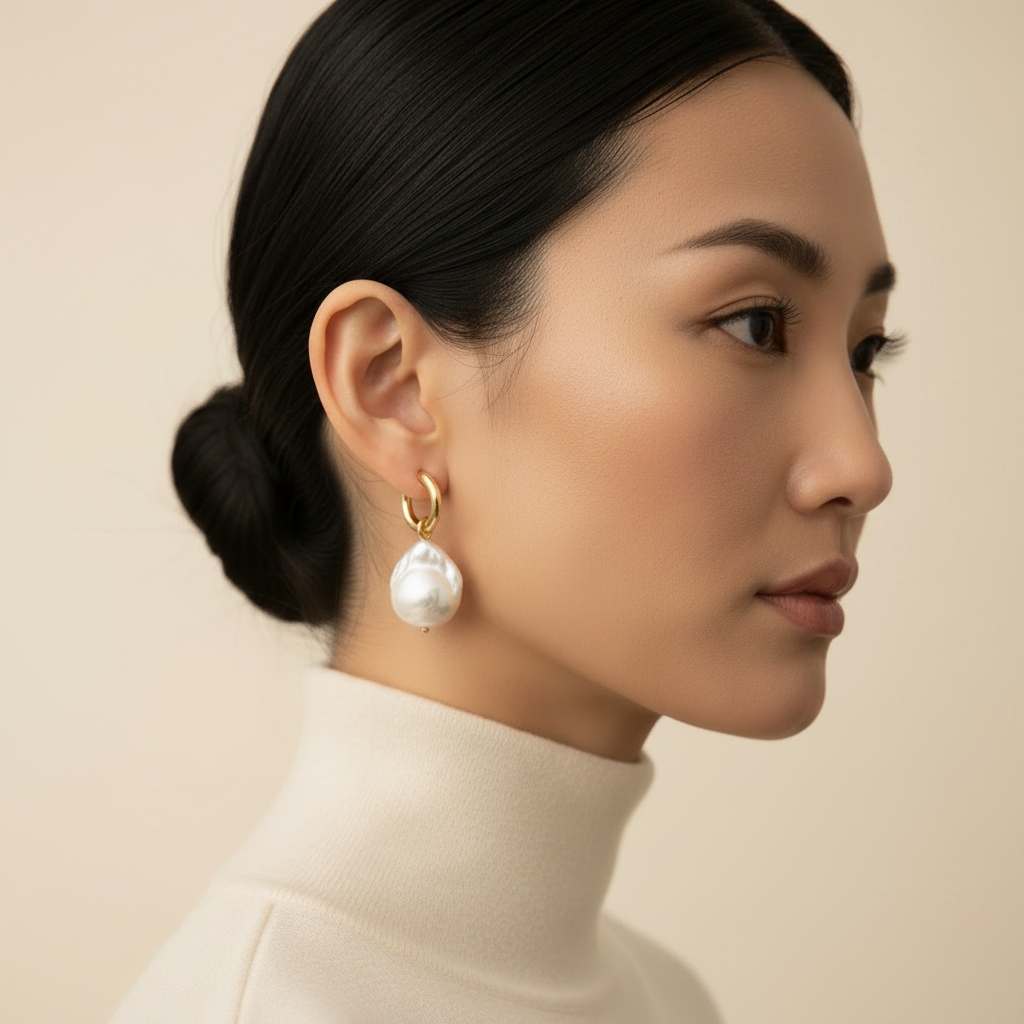 Moonlit Pearl Drop Huggie Earrings