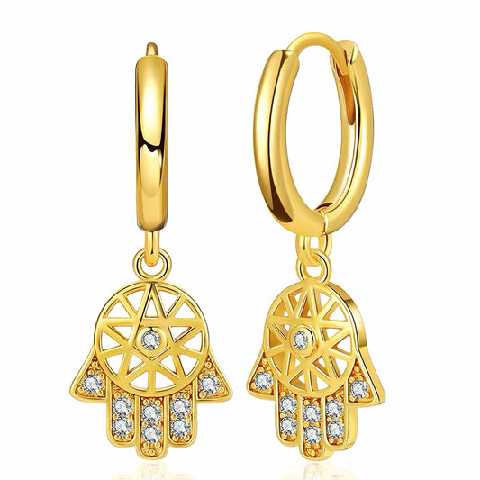 Mystic Hand Hamsa Hoop Earrings in 18K gold plating with crystal accents – symbolic protective charm design by Mia Promise 00075